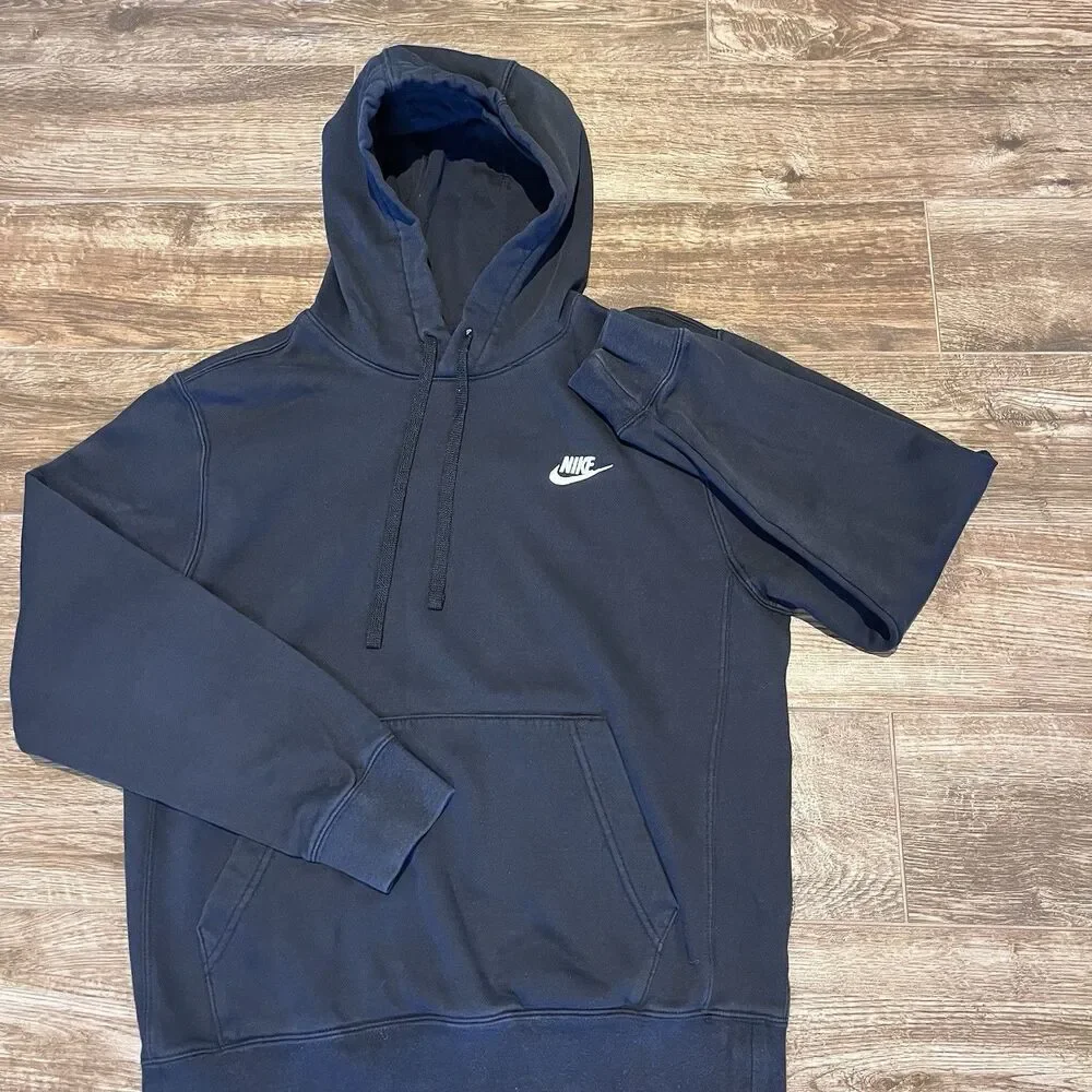 Nike Fleece Club Hoodie Mens Small Black Pullover Swoosh Logo Sweatshirt